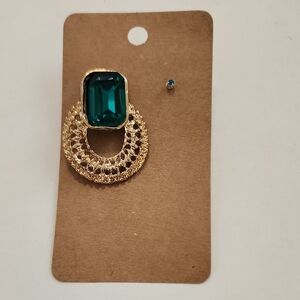 Gold Tone Earrings with Emerald Green Crystal Accent - Women Jewelry